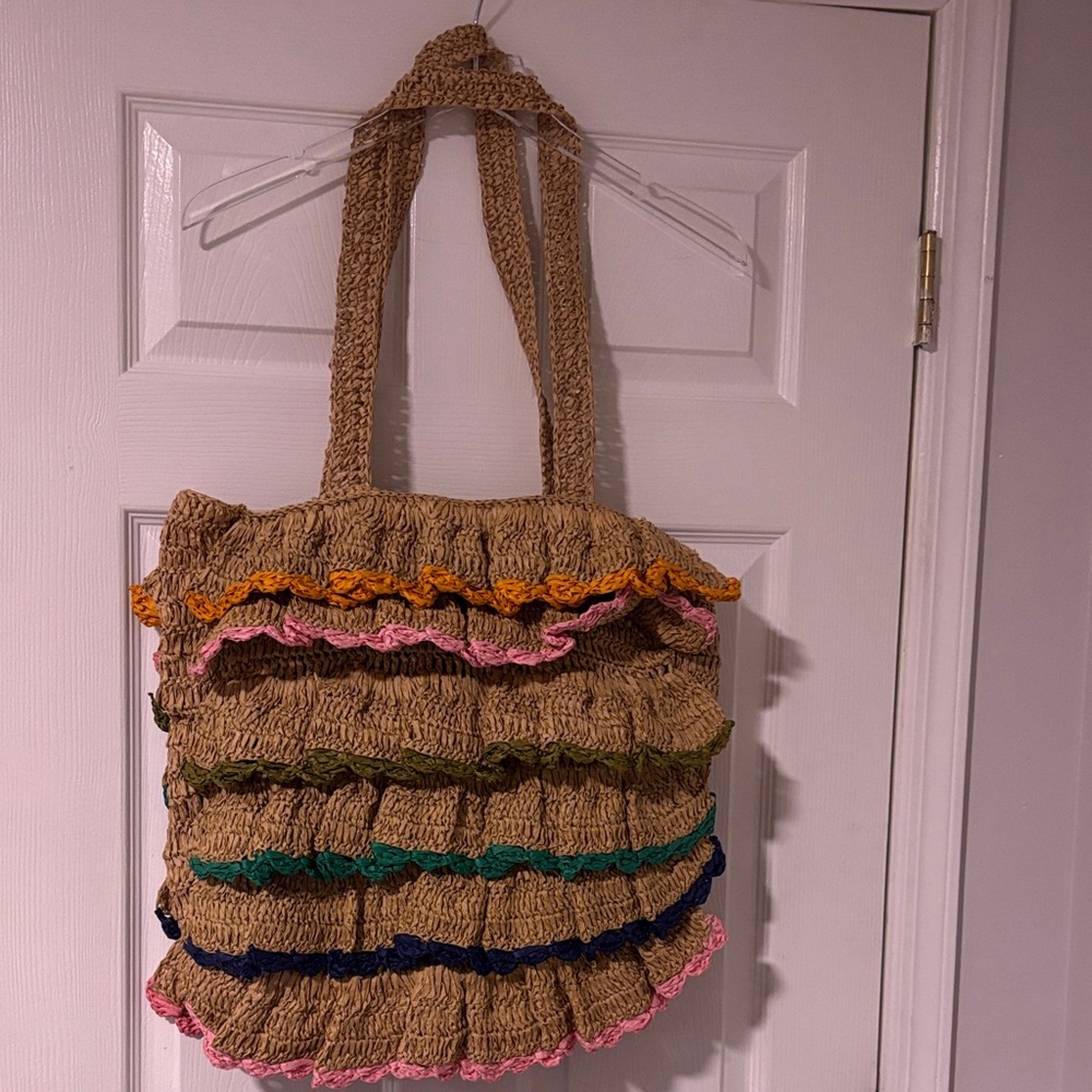 ANTHROPOLOGIE…Maeve Straw Multicolor Ruffled X-Large Tote 24x24 & 18in. Straps